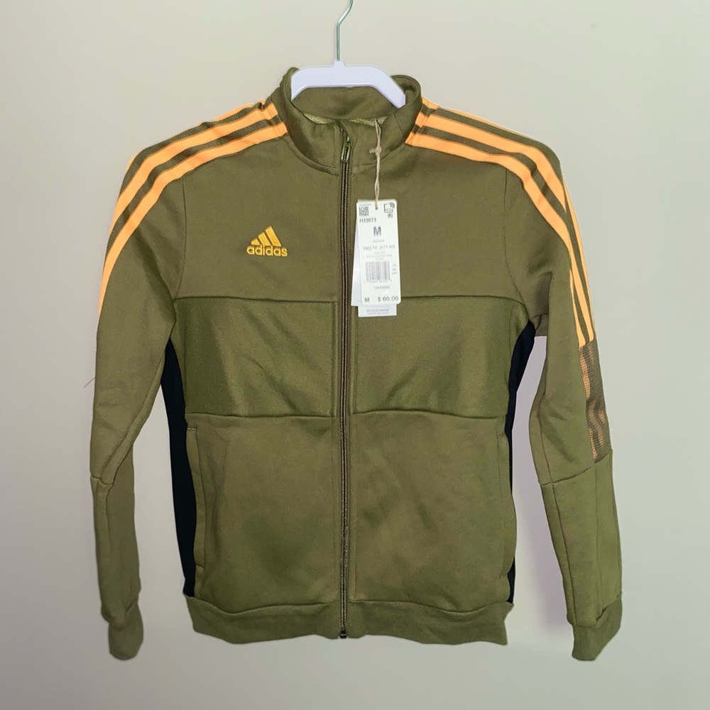 Kids size M. Unisex track jacket Olive/Orange.